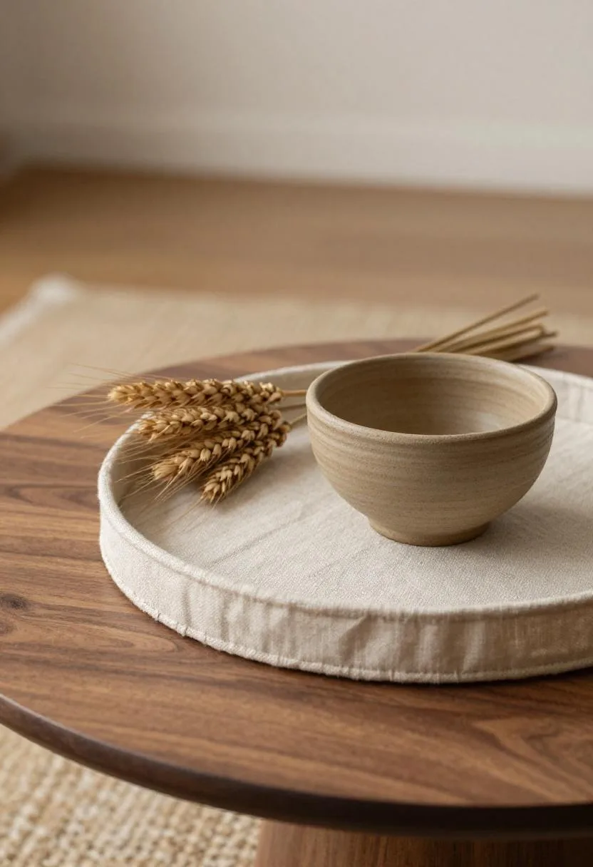 Round walnut coffee table styled with a linen tray, dried wheat stems, and a hand-formed clay bowl on a camel-toned rug