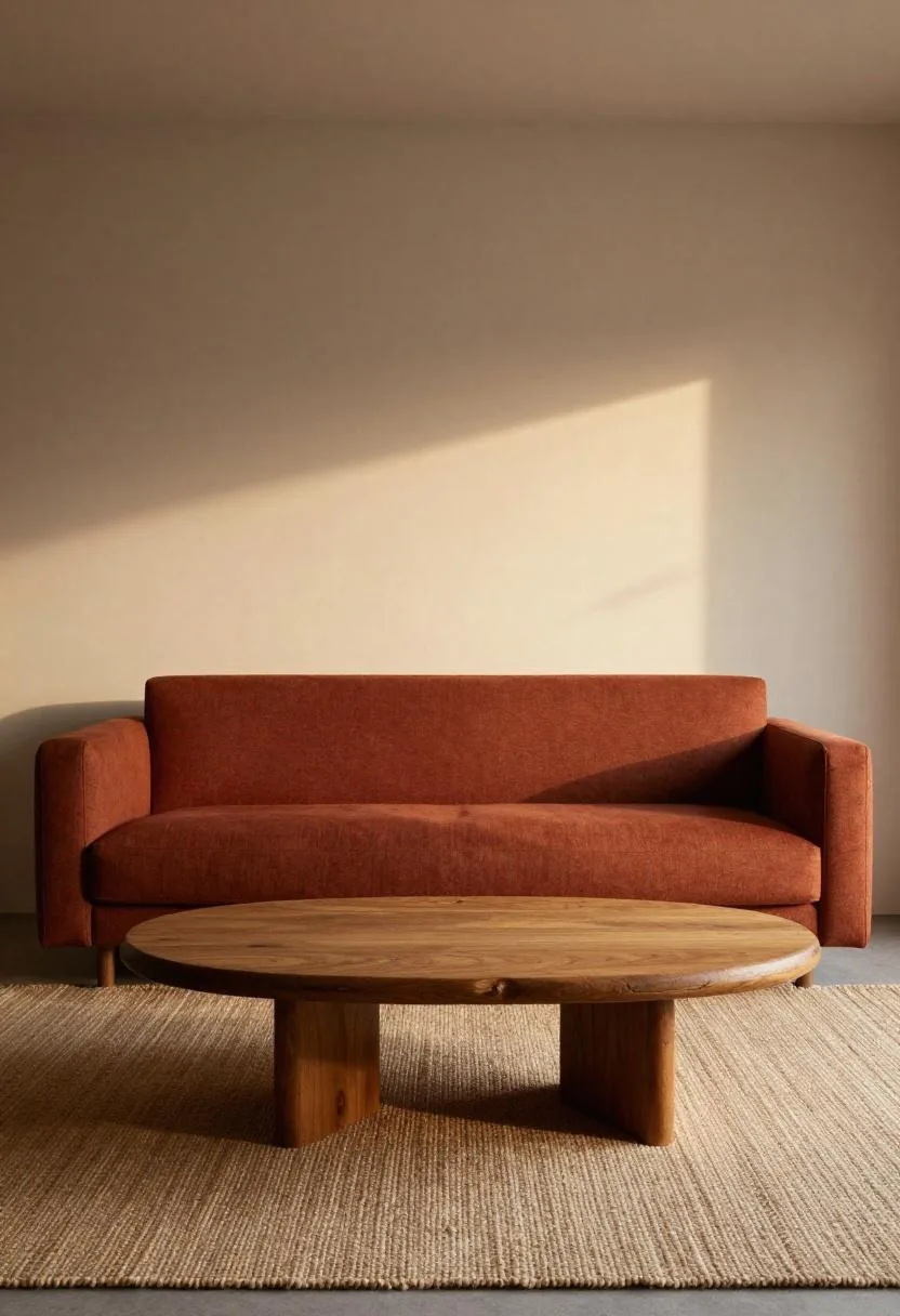 Rust canvas sofa with a Berber wool rug and round mango wood coffee table bathed in warm golden afternoon light
