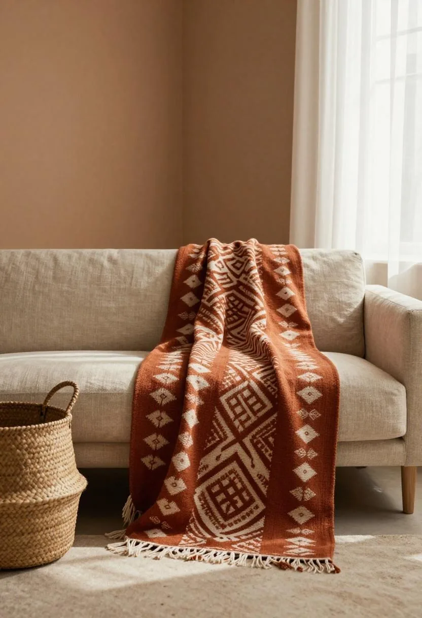 Interior design - rust mudcloth throw linen sofa seagrass basket