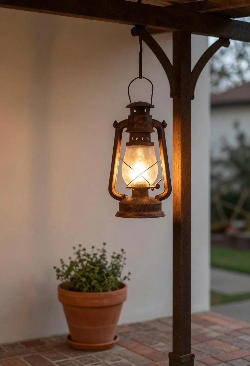 Rust-patinated iron lantern hanging above a herb-filled terracotta pot at the edge of a pergola