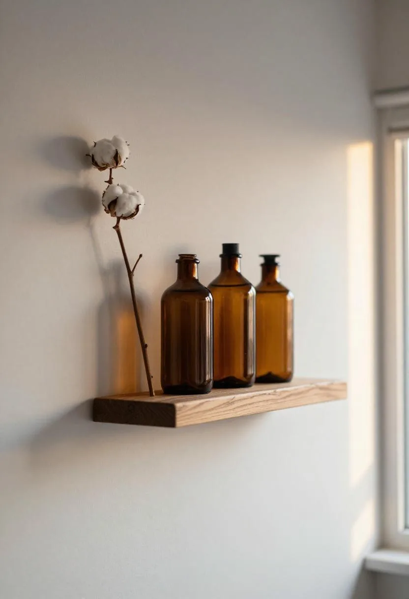 Rustic floating pine shelf styled with amber glass bottles and dried cotton stems