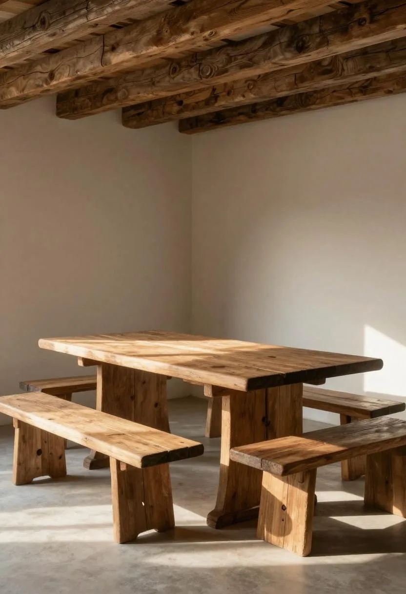 Rustic oak pergola over a reclaimed farmhouse table with walnut benches in warm afternoon light