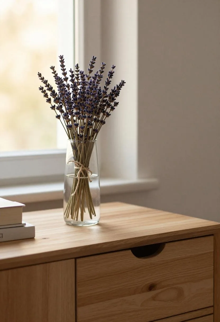 Rustic pine nightstand with glass carafe and dried lavender bundle in golden hour light