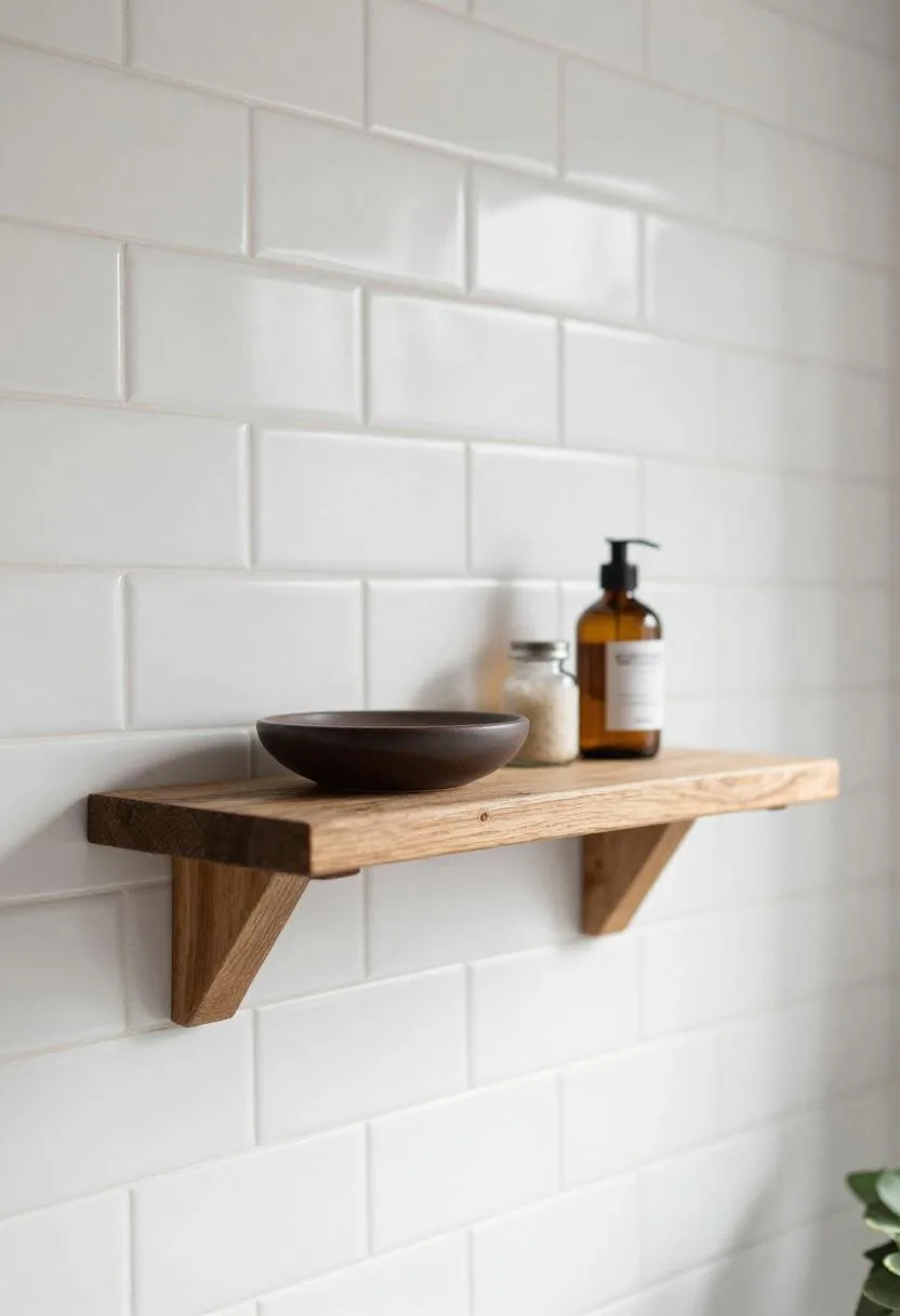 Rustic pine shelf mounted on white subway tile with a dark ceramic soap dish and glass bath salts jar