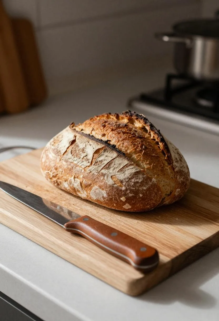 Close-up of a rustic sourdough loaf on a maple board with a leather-handled bread knife