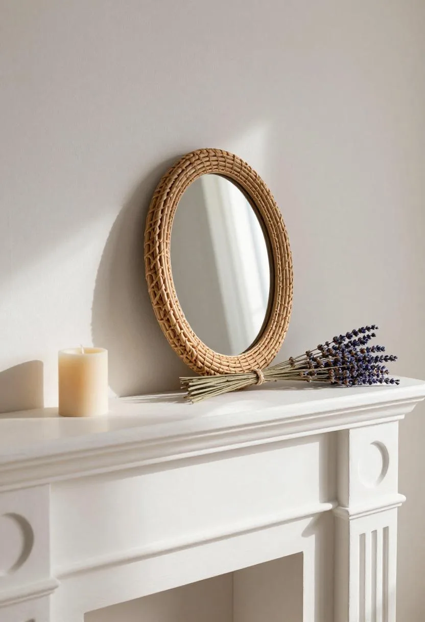 Rustic spring mantel with round rattan-framed mirror, beeswax pillar candle, and dried lavender bundle on whitewashed plaster wall