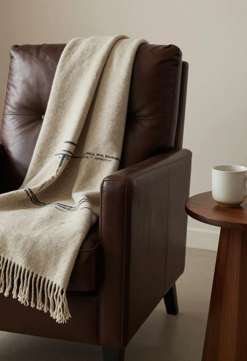 Saddle-brown leather armchair draped with a Moroccan wool blanket next to a ceramic mug on a side table
