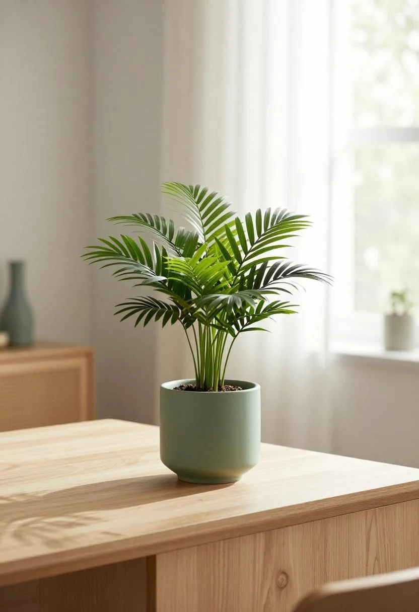 Sage ceramic planter with bamboo palm on an oak desk corner in morning light in a Japandi office