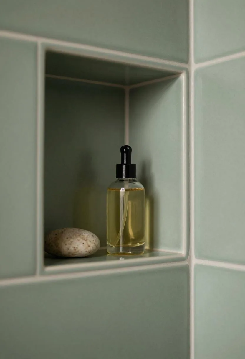 Sage ceramic tile shower niche with a glass oil bottle and a smooth river stone arranged on the shelf