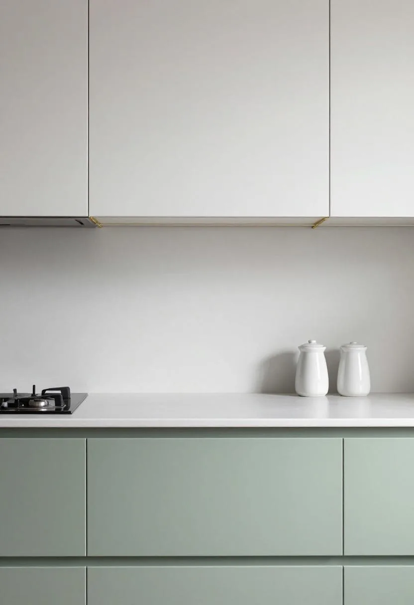 Sage green flat-panel lower cabinets and white lacquered upper cabinets meeting at a slim brass rail in a modern kitchen