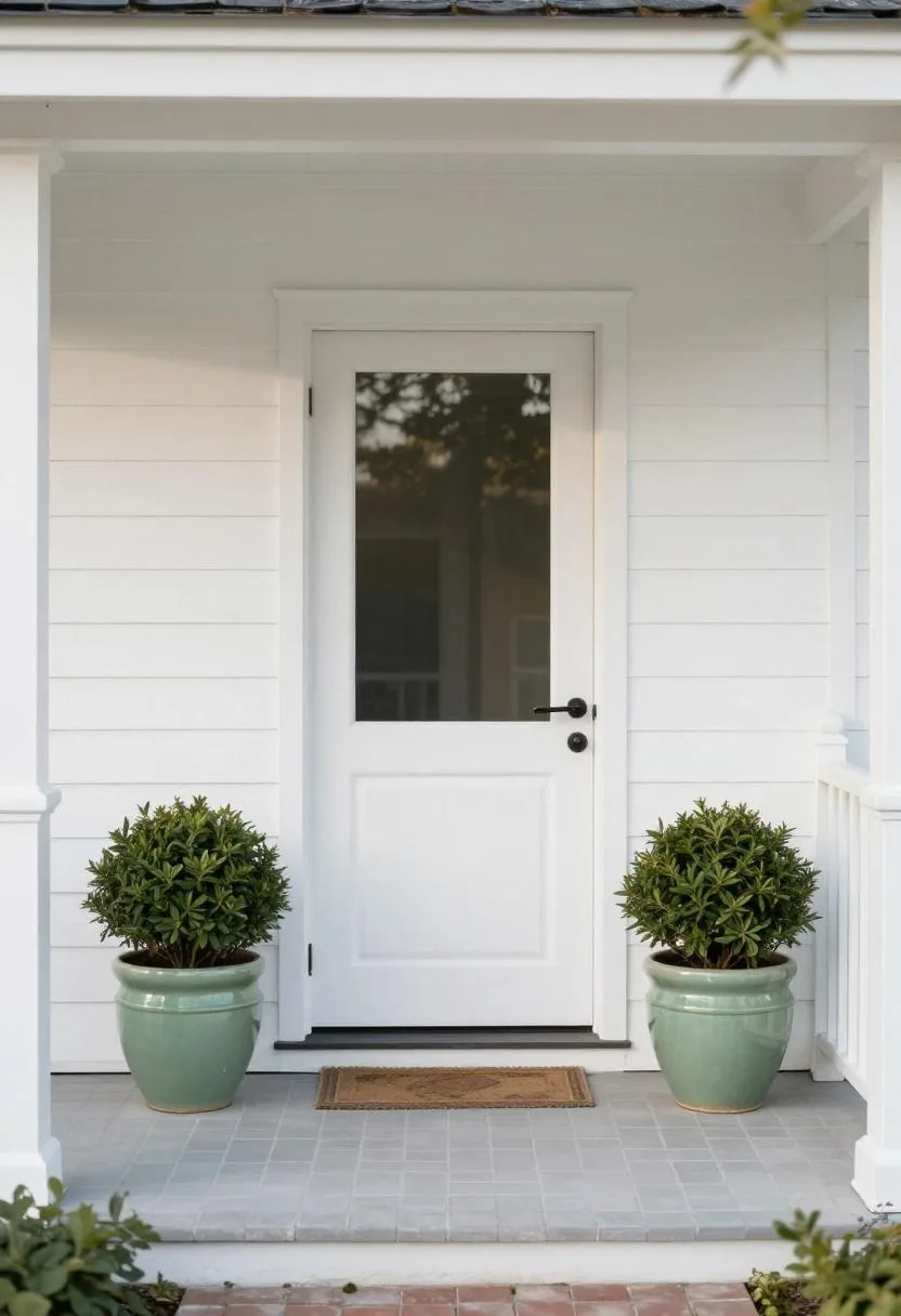 Interior design - sage green boxwood pots cottage front door golden hour