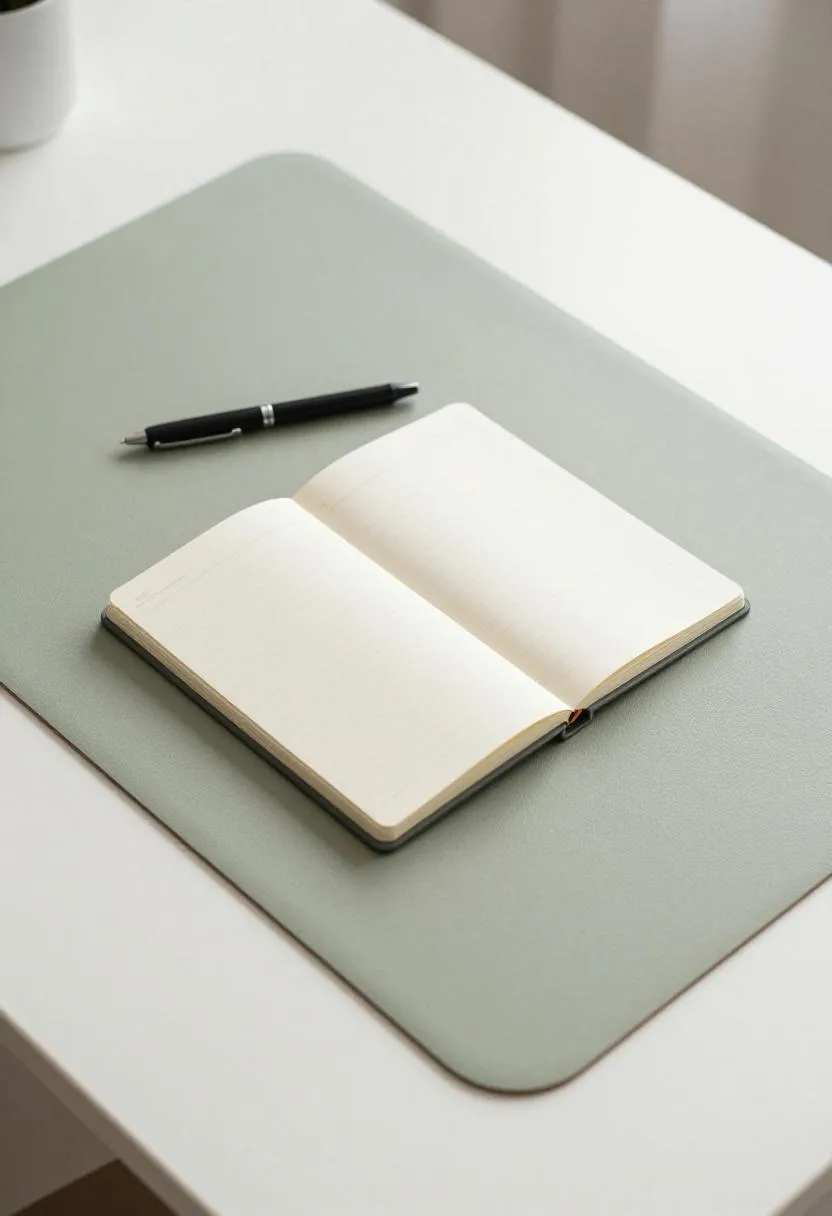 Overhead view of a sage green desk mat with a spiral notebook and a single pen laid on top