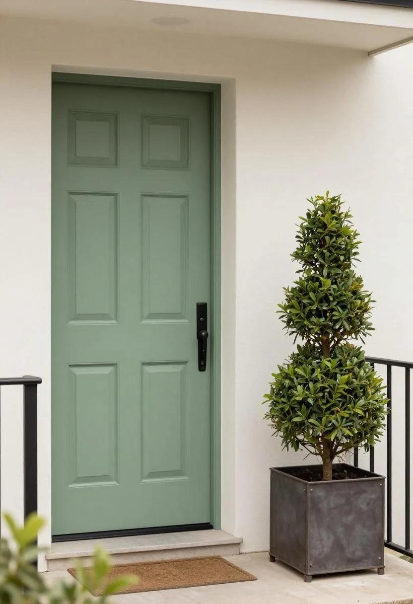 Sage green door with a boxwood topiary in an iron planter positioned at the porch railing edge