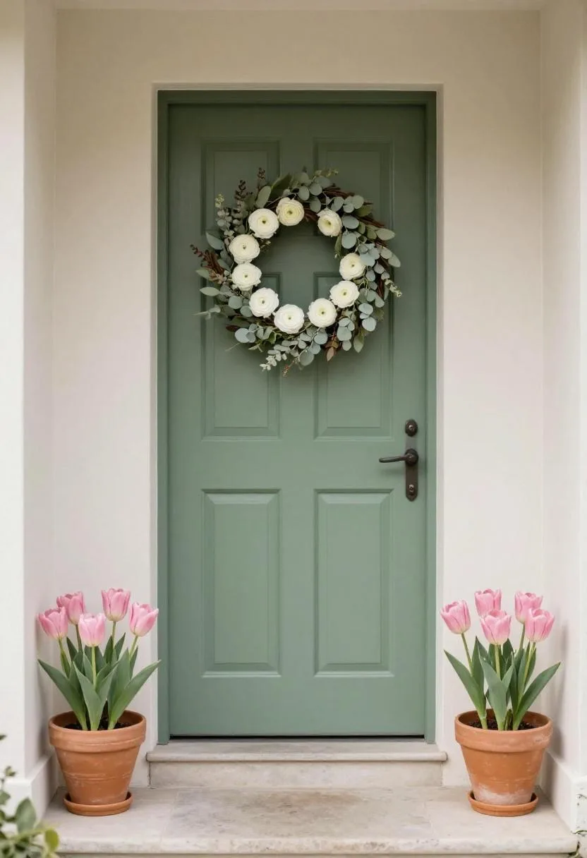 Interior design - sage green door eucalyptus wreath tulip pots stone entry