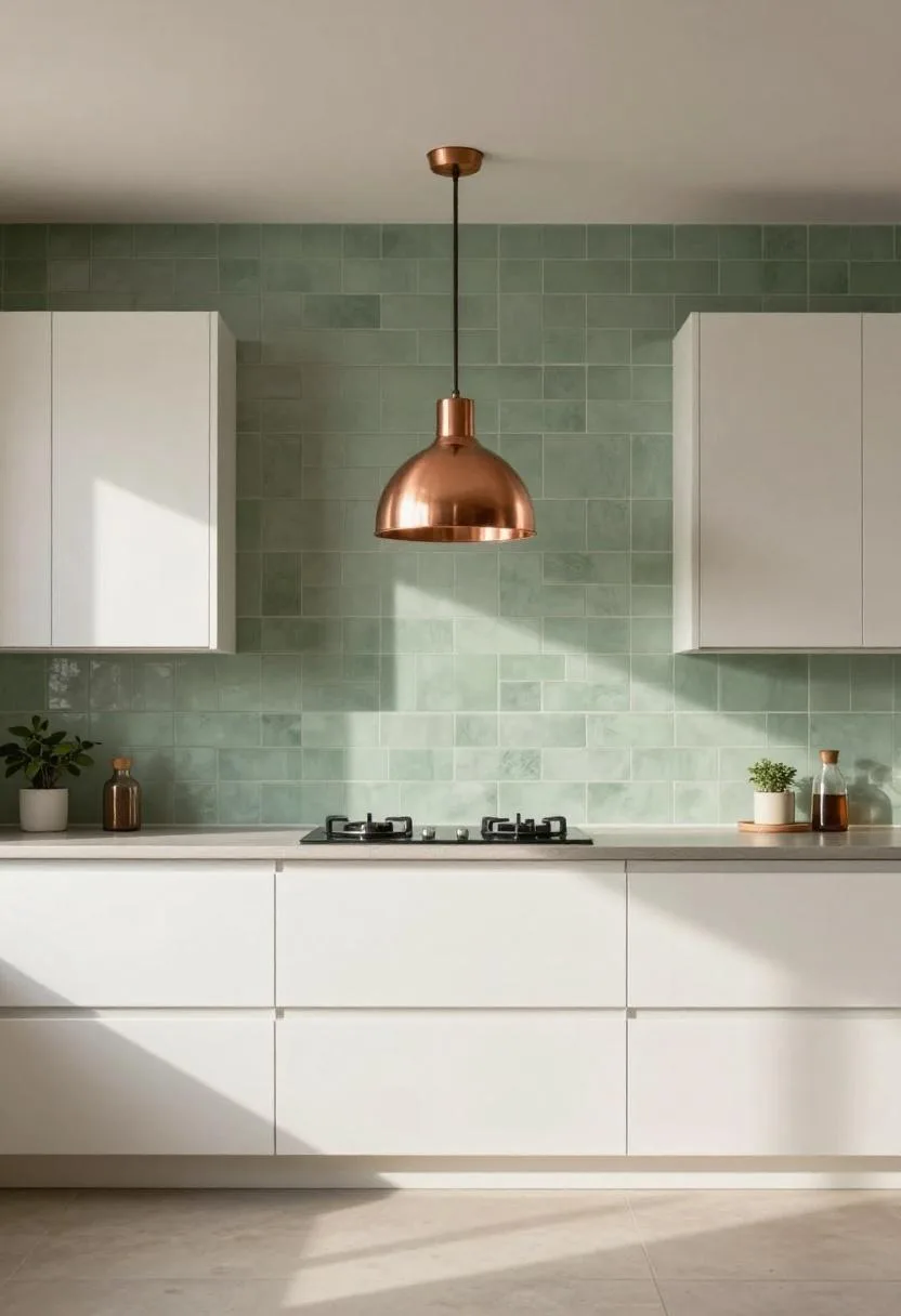 Sage green handmade tile backsplash with white shaker cabinets and copper pendant light in a kitchen