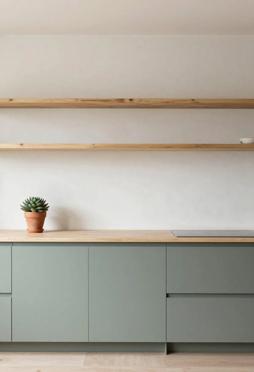 Sage green lower cabinets and bamboo open shelving delivering organic two-tone character in a Japandi kitchen