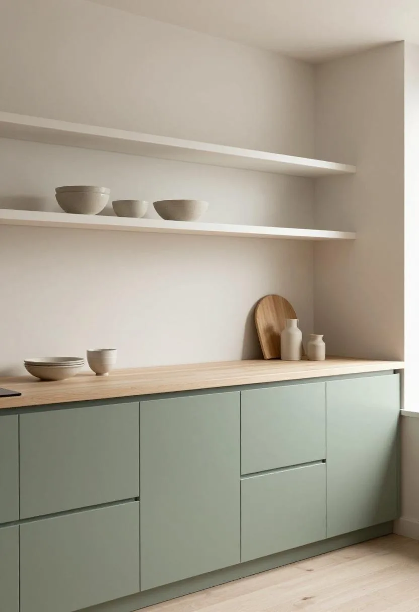 Sage green lower cabinets meeting open pine shelving in a calm Scandinavian two-tone kitchen with natural light
