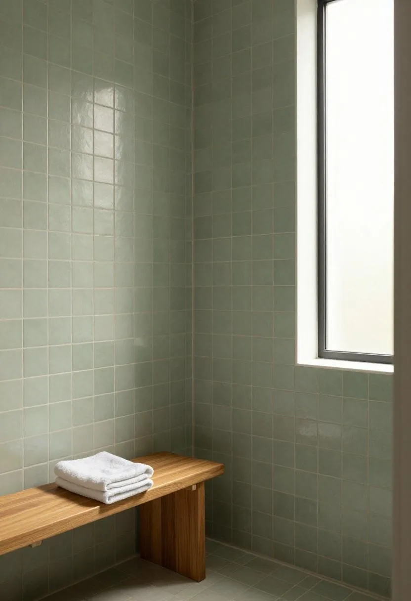 Sage green zellige tile walk-in shower with a teak bench visible in warm morning light