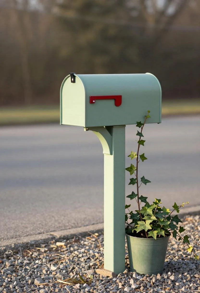 Sage-green iron bracket planter of trailing ivy attached to a brick mailbox post at morning