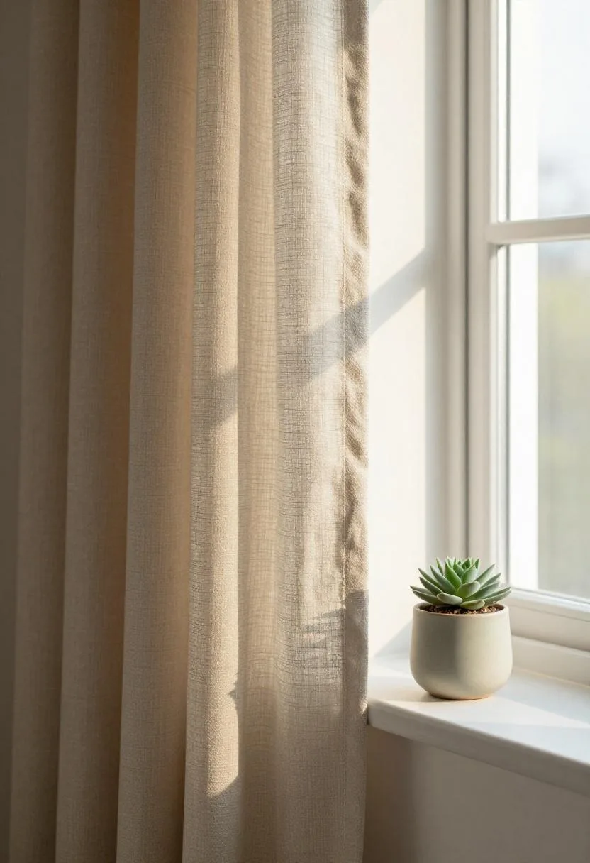 Sage linen curtain panel with a small ceramic succulent pot catching soft morning light on a bedroom windowsill