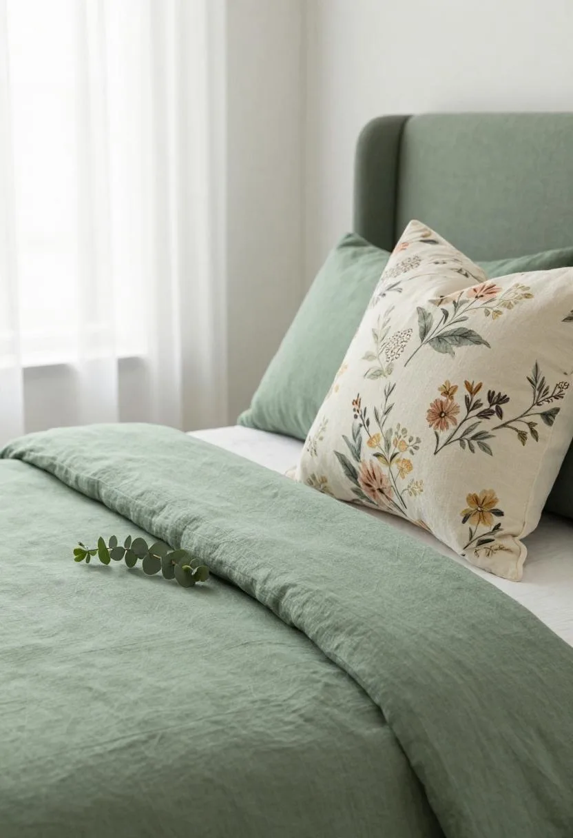 Sage linen upholstered headboard with floral embroidered pillow and eucalyptus sprig in diffused bedroom light