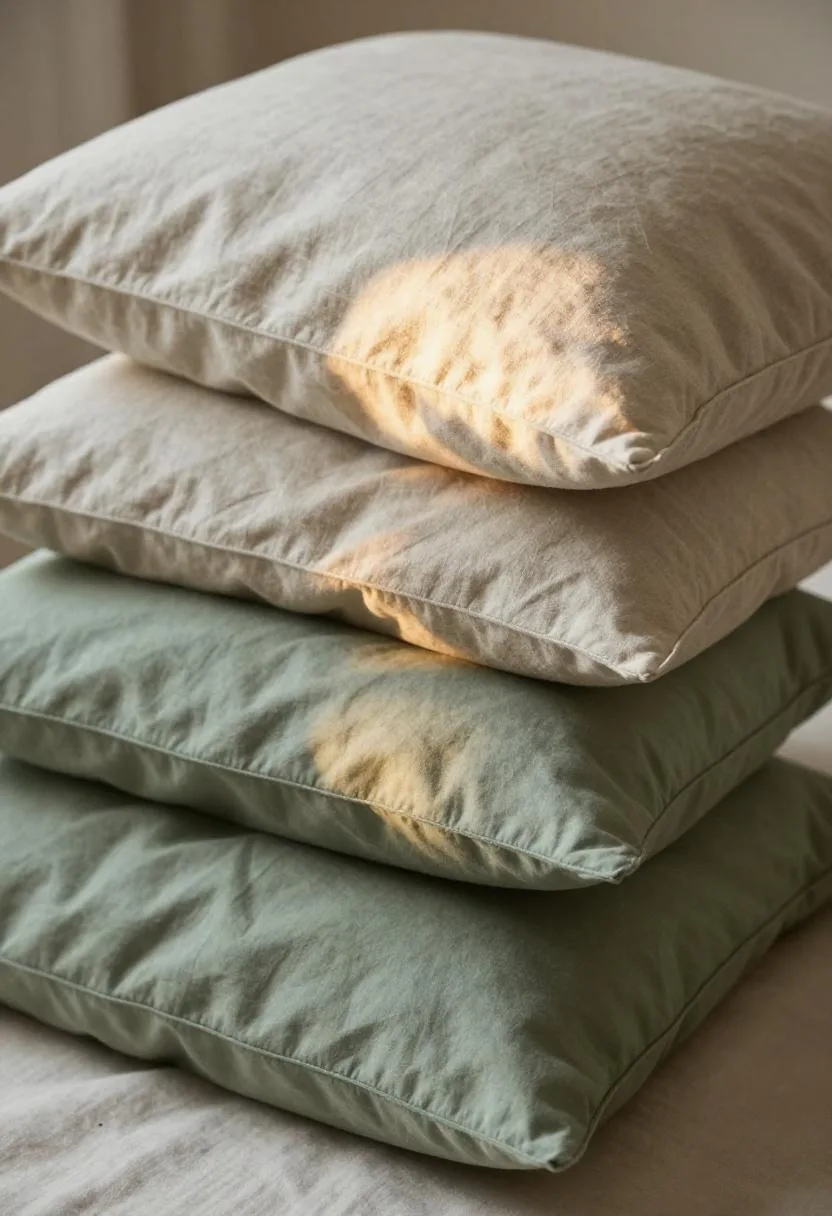 Stacked sage green and natural linen pillows against a linen headboard in golden hour light