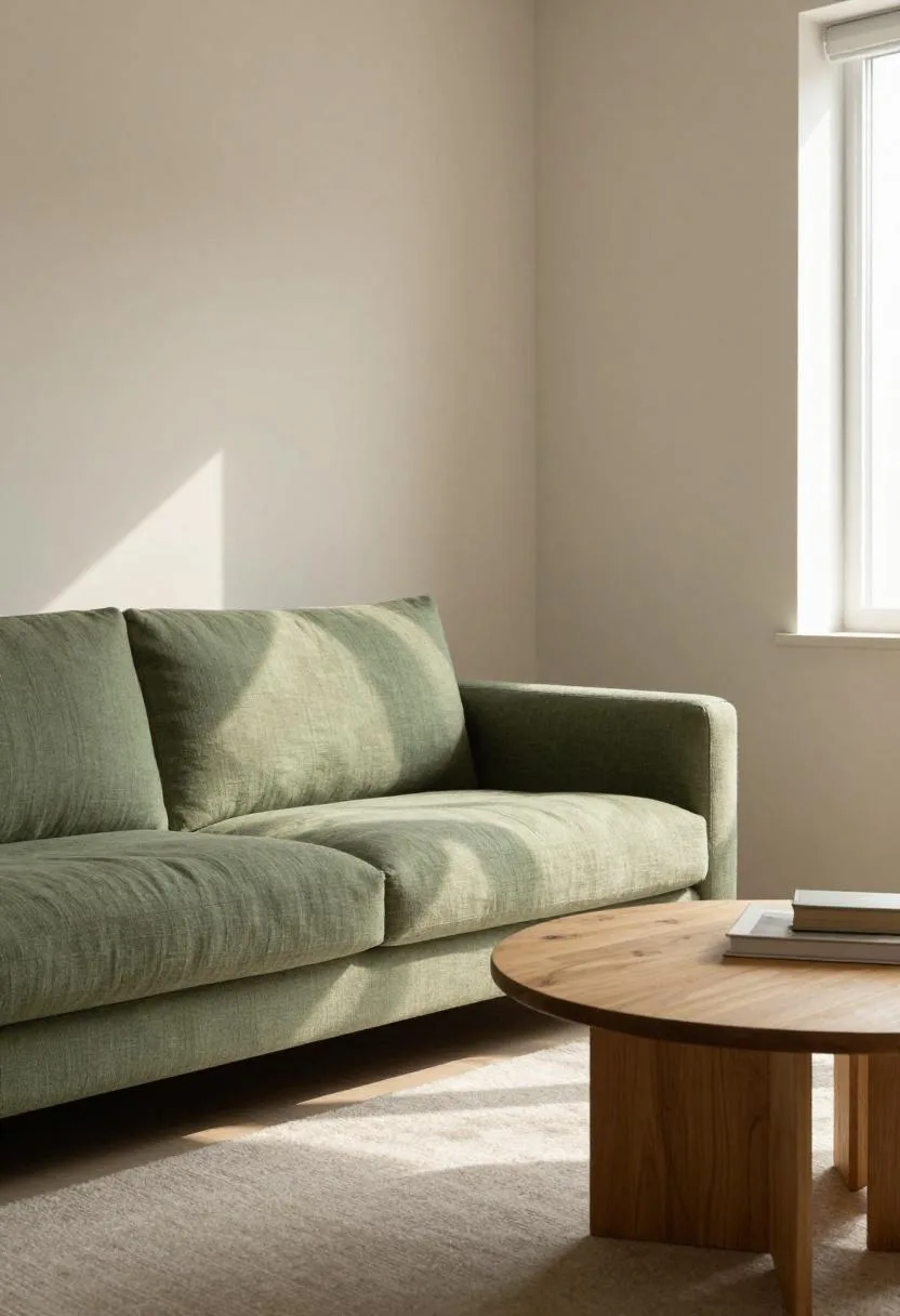 Sage green linen sofa and round oak coffee table in a spacious-feeling small Japandi living room
