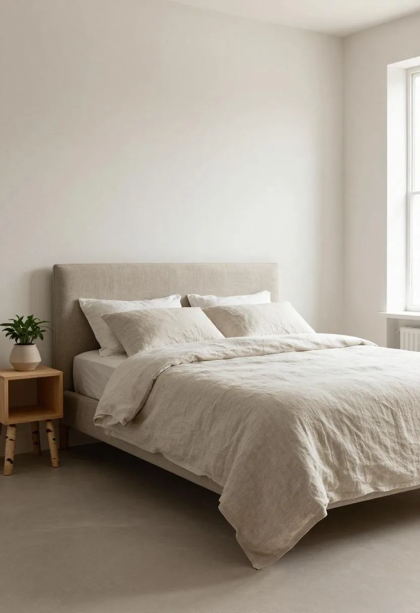 Sage linen upholstered bed frame with a birch nightstand in a bright Scandinavian-style bedroom