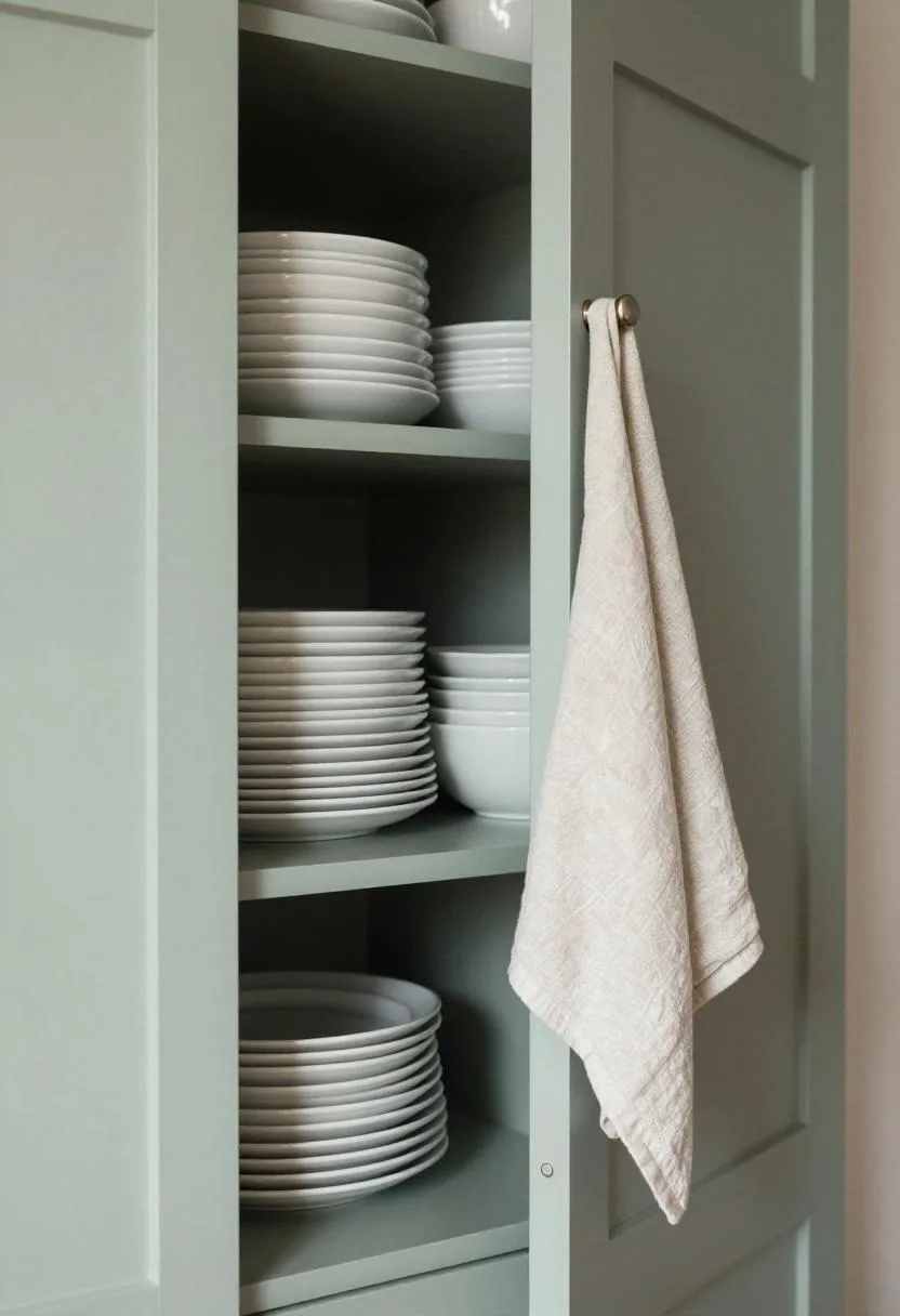 Open muted sage pantry cabinet revealing stacked white ceramic plates and bowls with a folded linen towel on the shelf