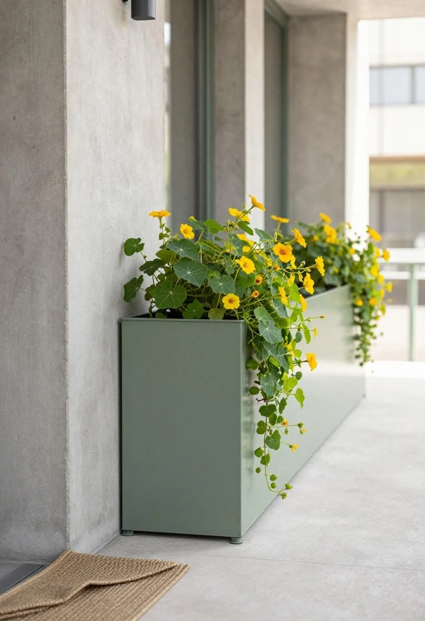 Sage-green steel balcony planter overflowing with trailing nasturtium in morning light