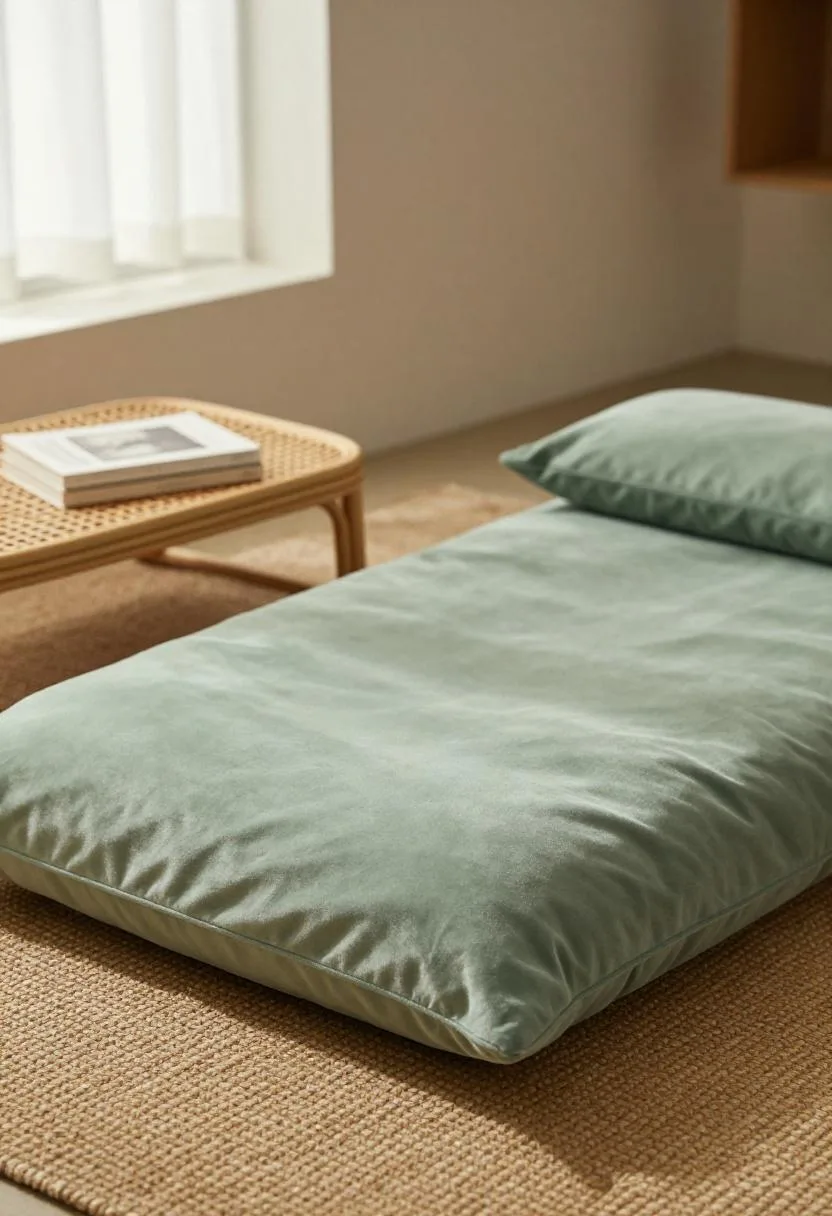 Sage velvet floor cushion with rattan tray and open book in a bohemian corner