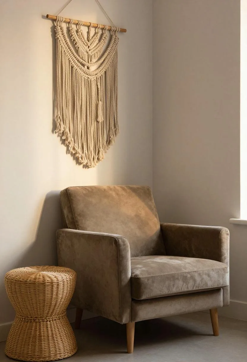 Sage green velvet reading nook with an olive-toned macramé wall hanging and a natural rattan side table
