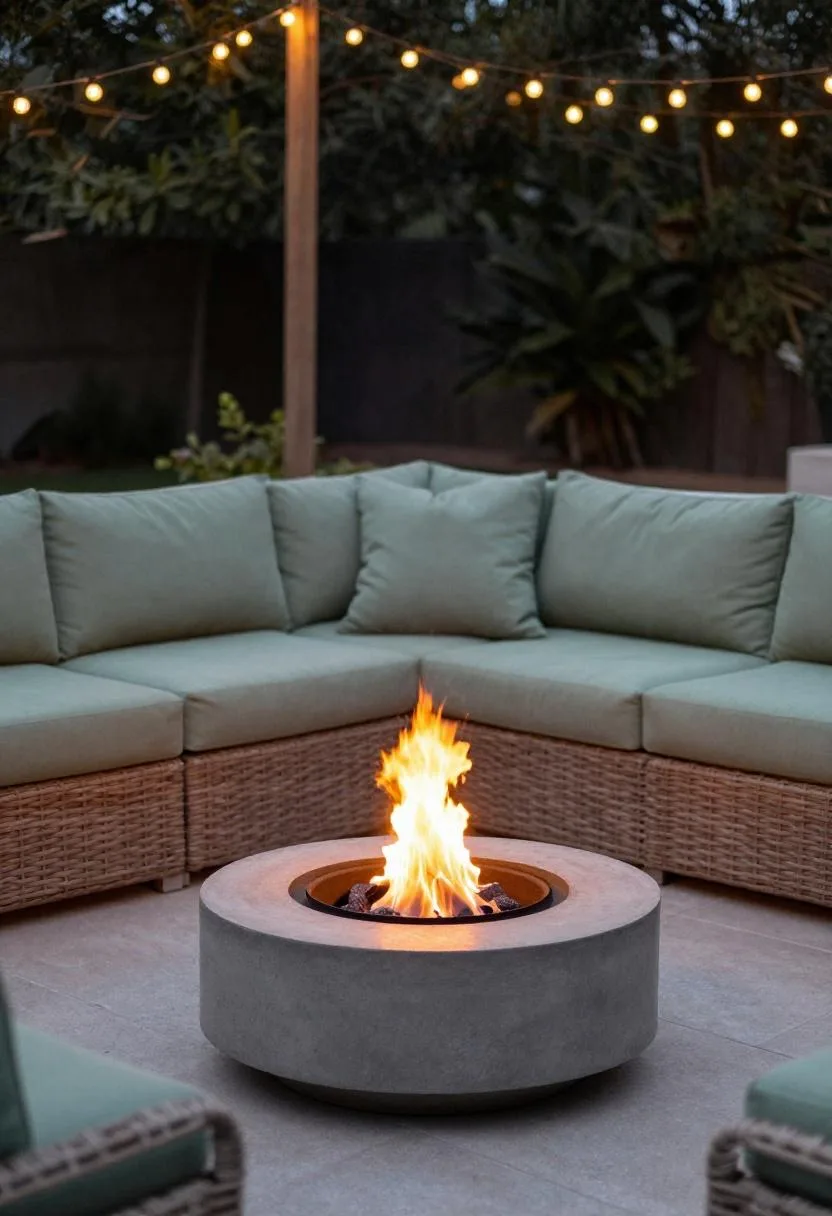Sage green wicker sectional arranged around a glowing concrete fire bowl at dusk with string lights above