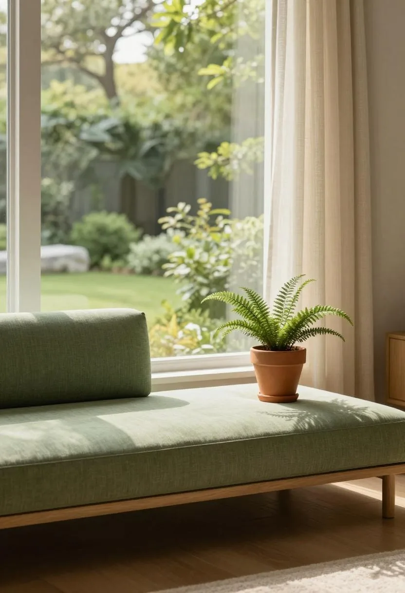 Sage window seat with garden view and terracotta fern to the side