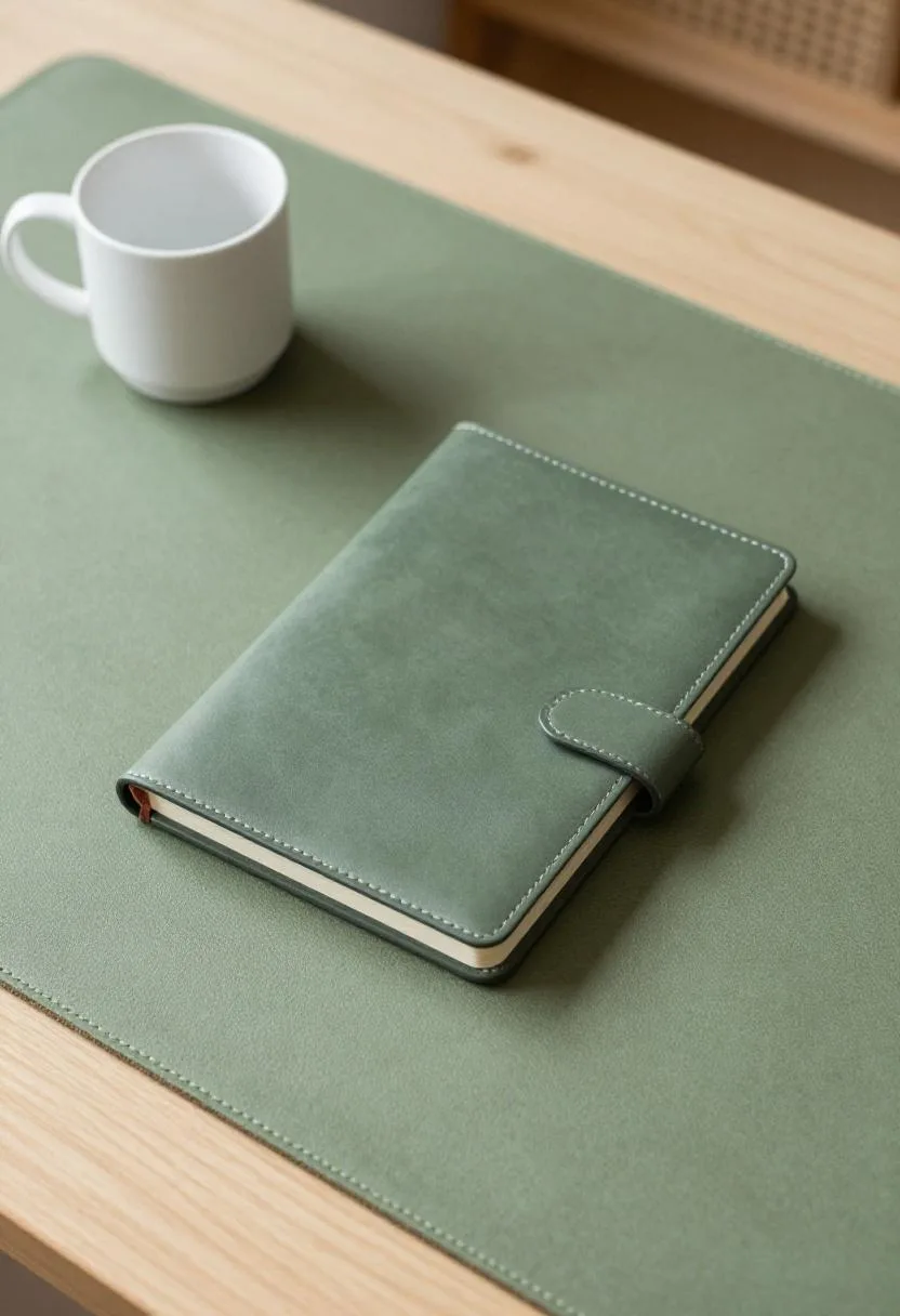 Overhead view of a sage wool desk mat with a leather notebook and a white ceramic mug resting on it