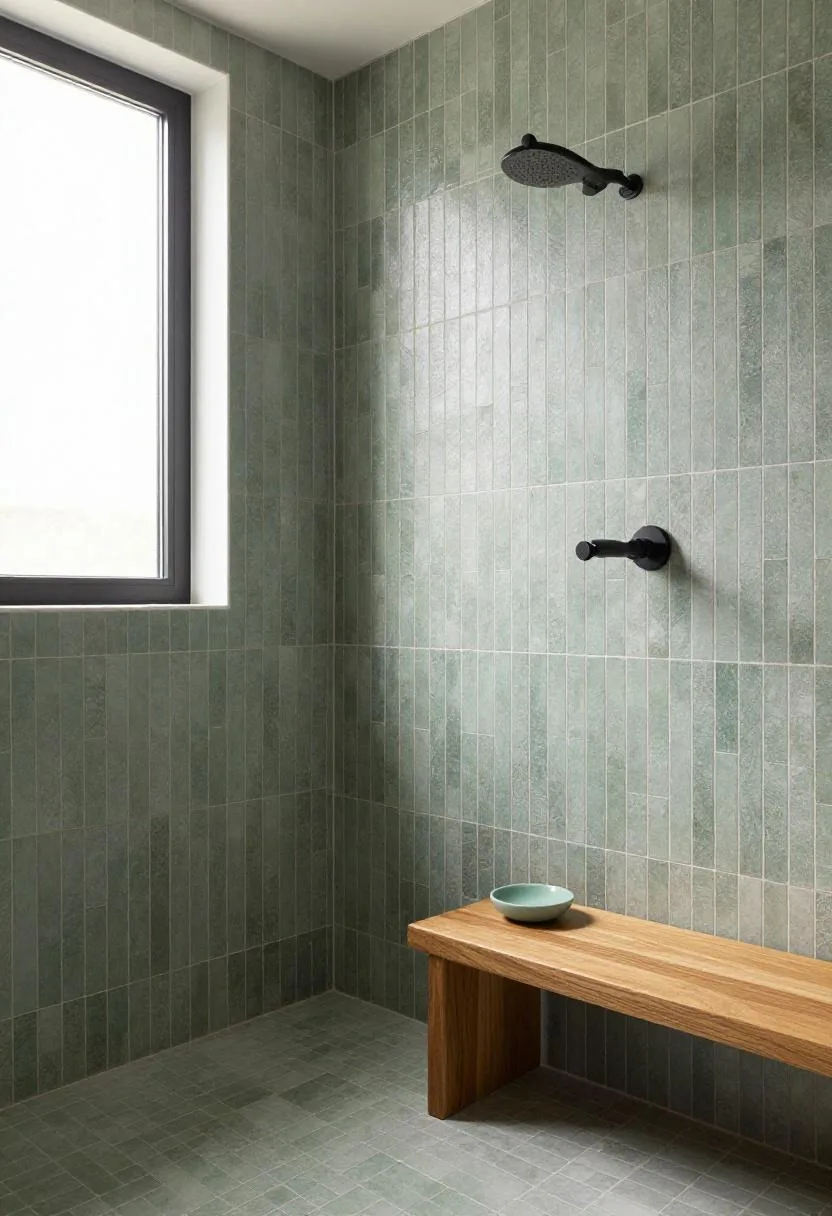 Walk-in shower with sage green zellige handmade tile walls and a built-in teak bench in soft overcast daylight