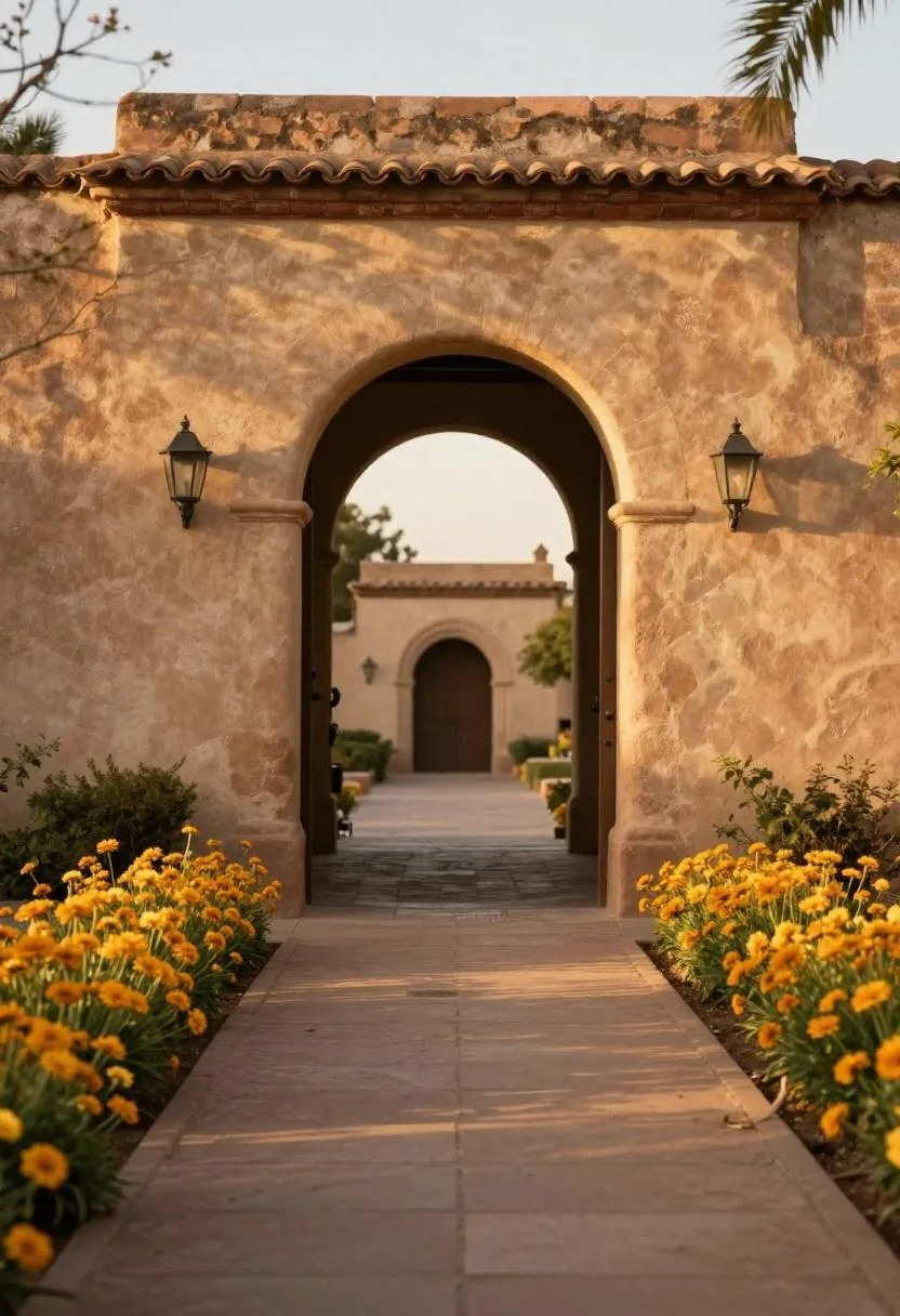 Saltillo-tile-edged bed of warm amber gazanias beside a Spanish colonial adobe wall at golden hour