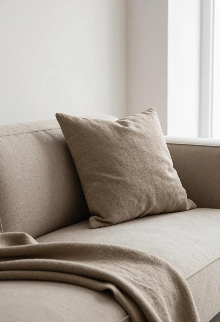 Sand boucle sofa with taupe linen pillow and folded cashmere throw in diffused daylight