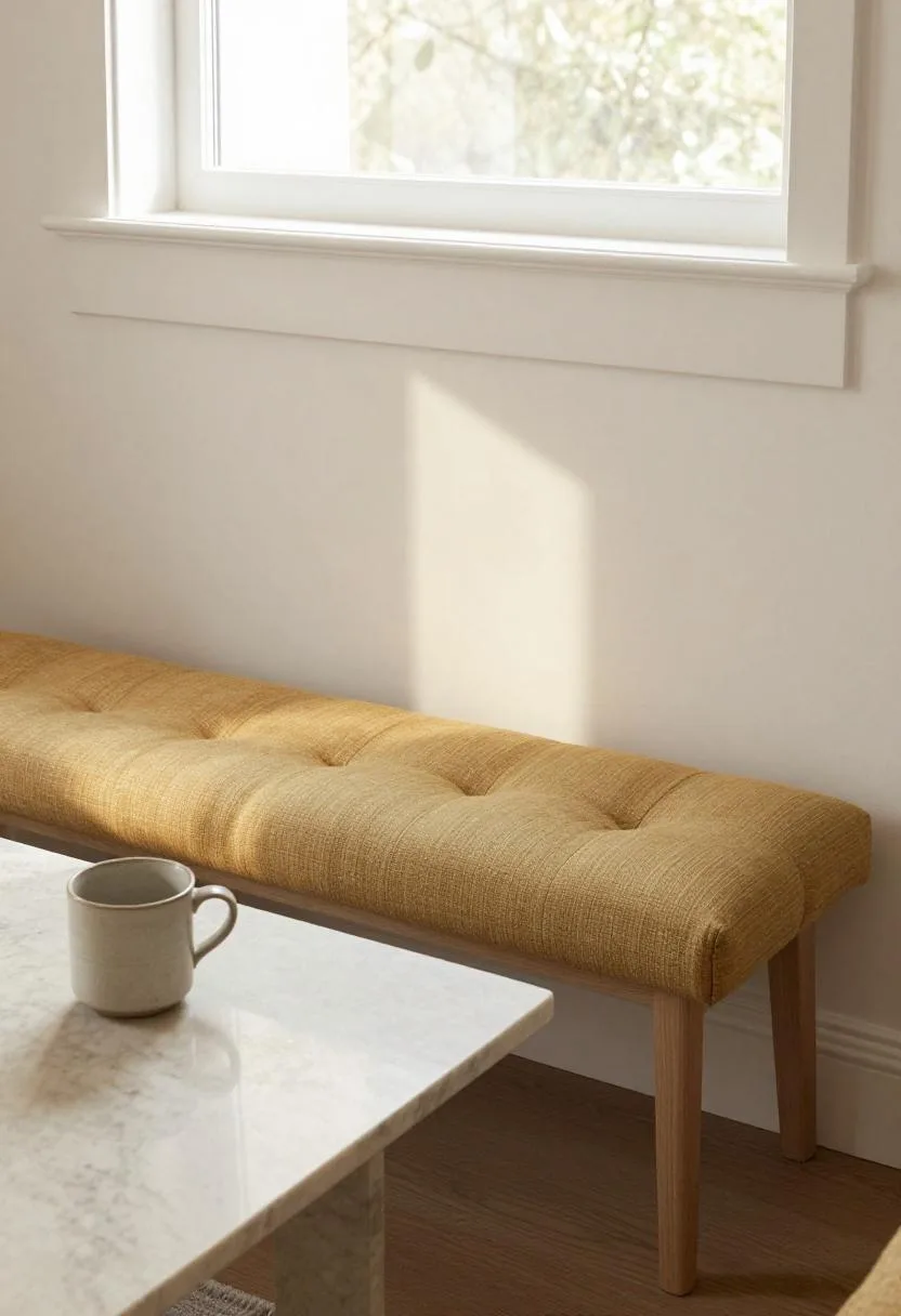 Sand linen tufted bench with marble side table and stoneware mug in soft morning light