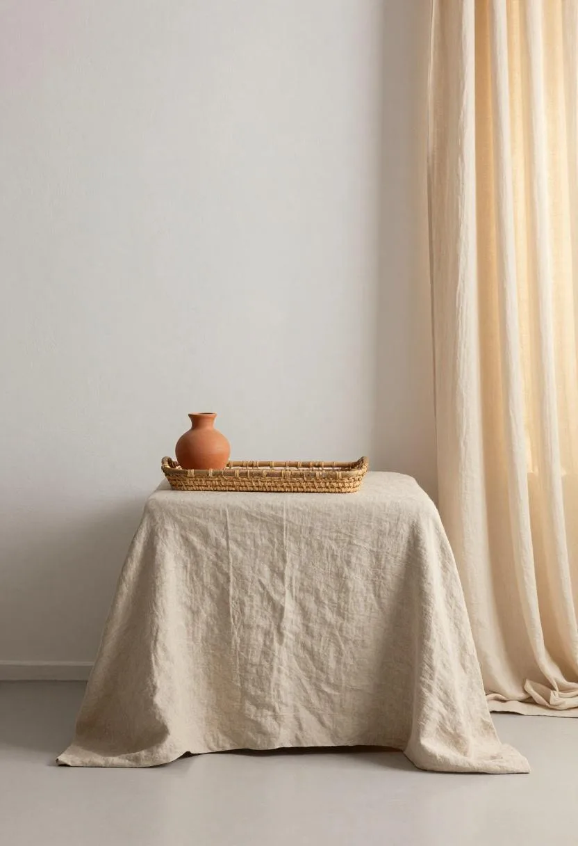 Sand linen upholstered bed with rattan tray and terracotta ceramic vessel in golden hour light