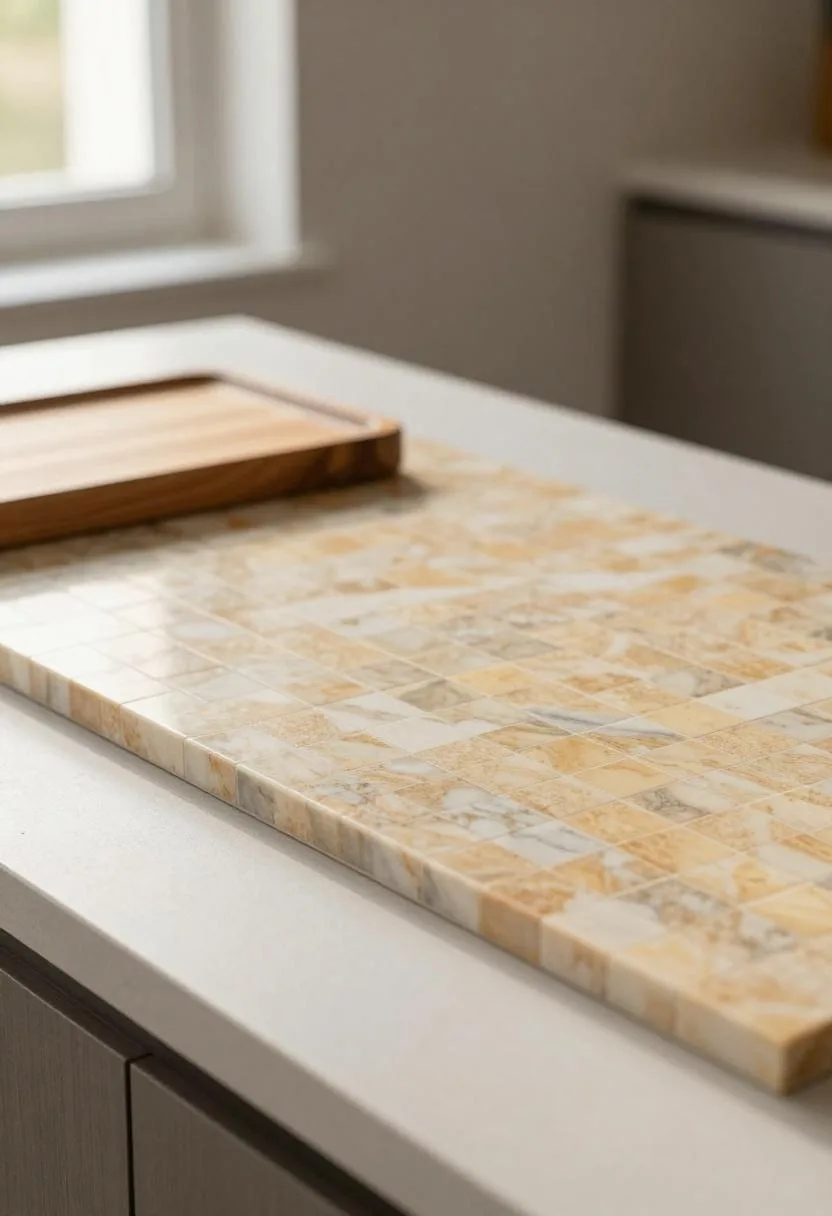 Sand-toned marble mosaic backsplash above white concrete counter with oak bread board in a minimal kitchen