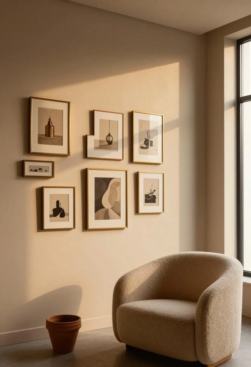 Interior design - sand salon gallery wall boucle armchair golden hour