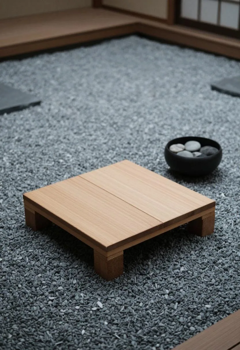 Low sanded pine pallet platform with a ceramic stone bowl on grey gravel in a zen garden