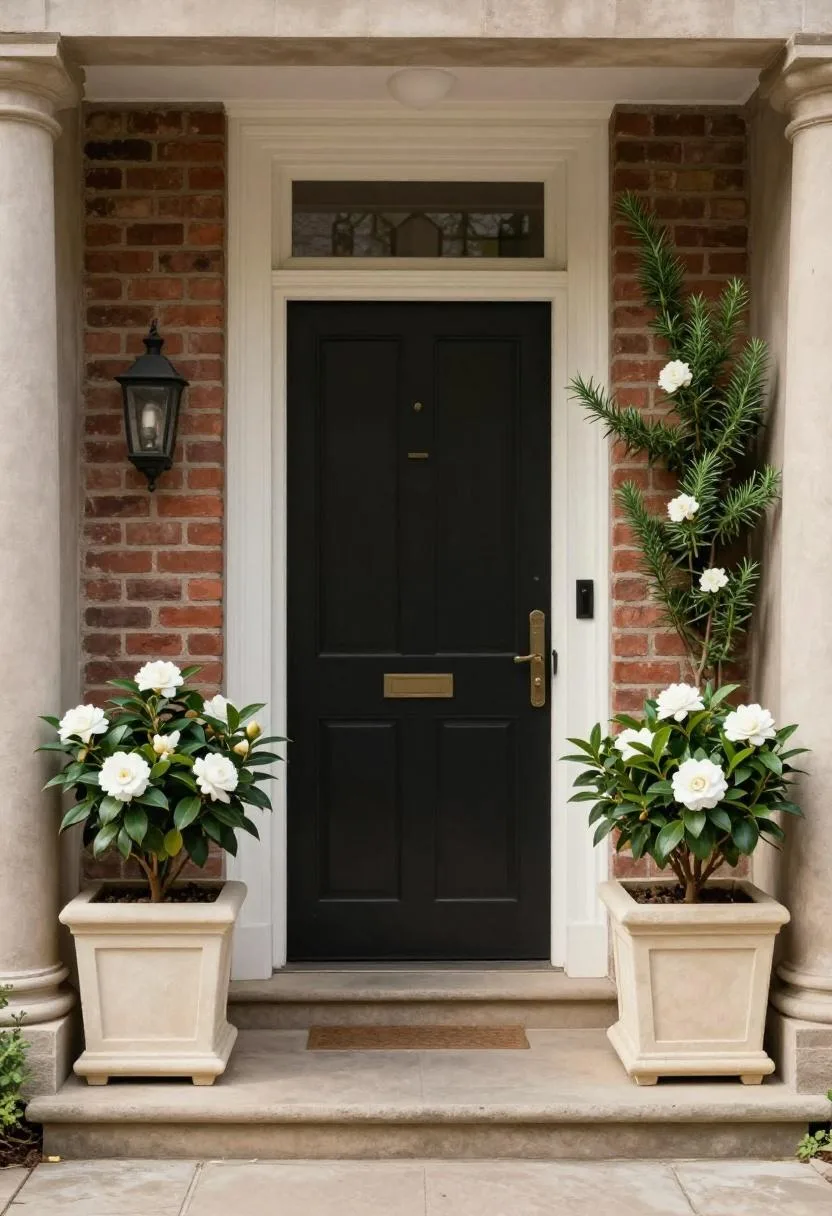 Sandstone planters with camellia and rosemary flanking brick front steps on a soft overcast morning