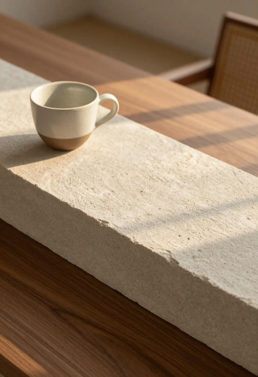 Sandstone coaster with ceramic espresso cup on a walnut desk in golden hour light in a Japandi office