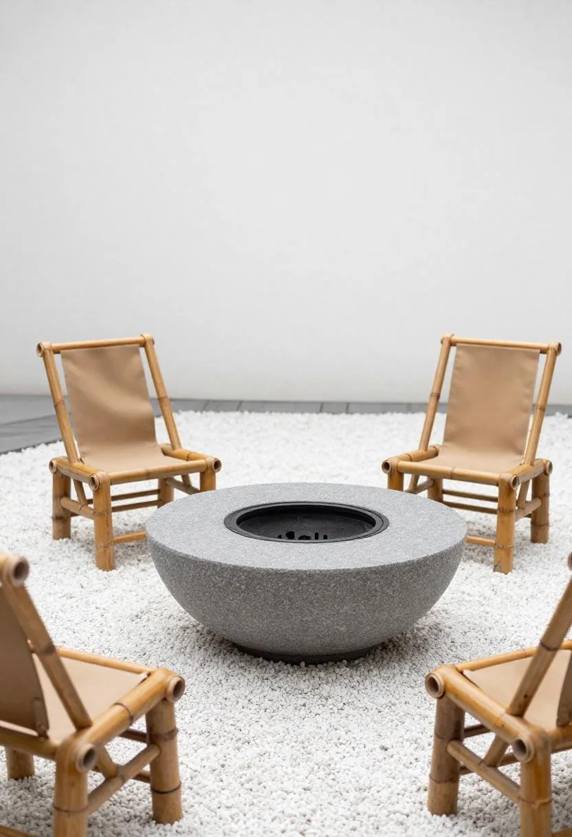 Sandstone fire table between bamboo chairs on a minimalist Japanese pea-gravel patio
