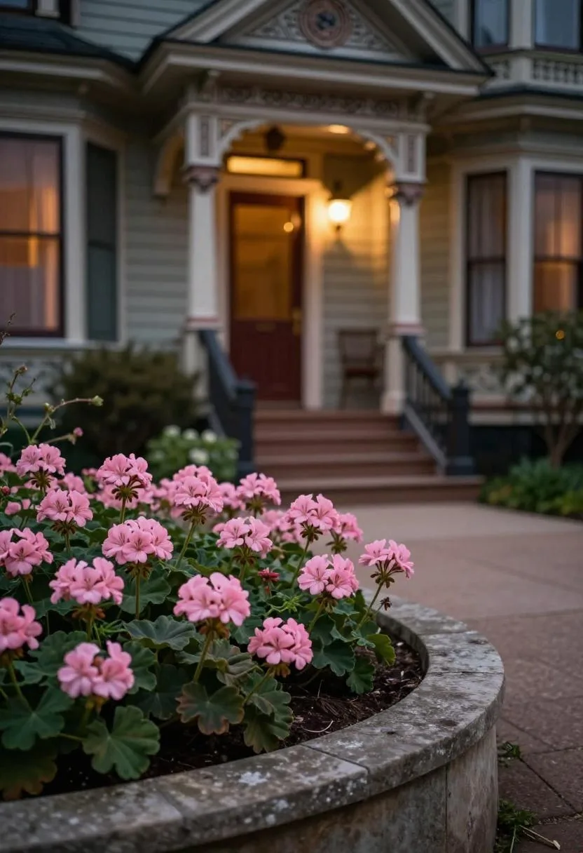 Sandstone-edged geranium bed in soft pink nestled against a Victorian porch foundation at dusk