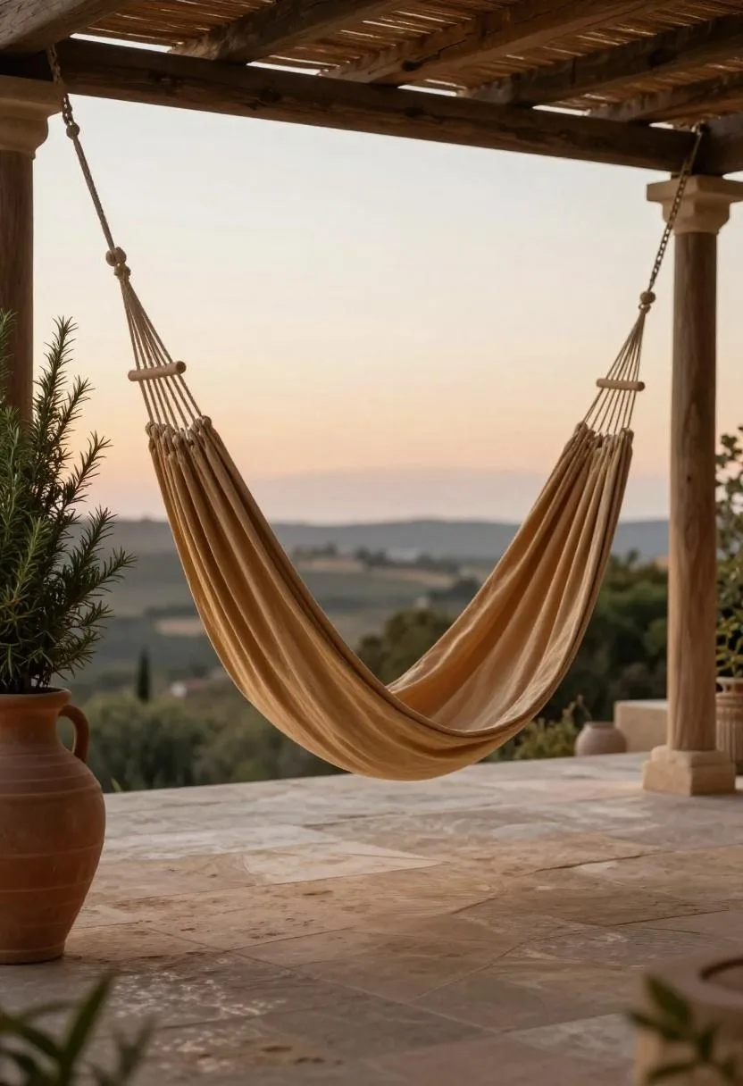 Sandstone pergola with tan linen hammock and cascading rosemary urn on a Mediterranean terrace at dusk