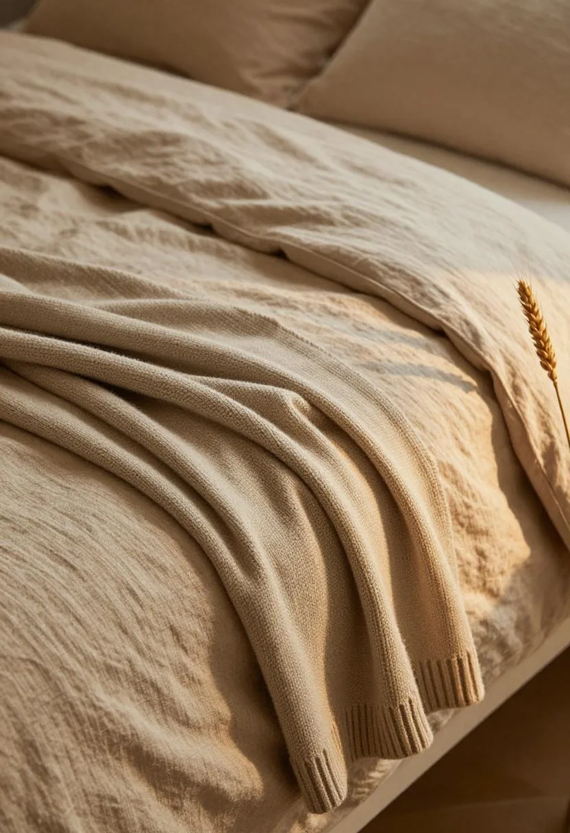 Layered sandy linen and chunky knit textures in warm close-up bedding detail