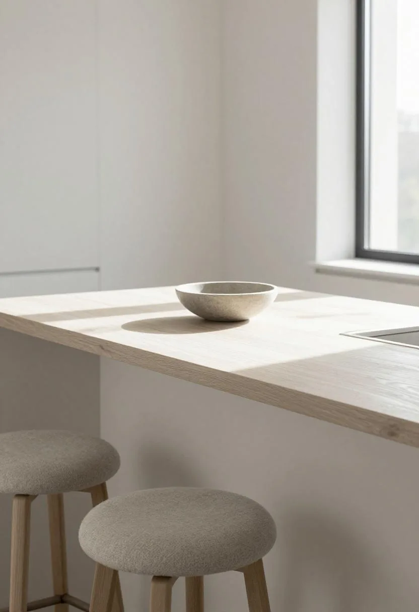 Scandinavian ash-top island with pale gray felt stools and stone bowl detail